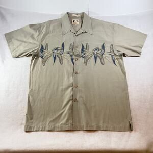 Button Shirt M.E. Sport Men's XL Tan w/ Slate Blue Floral Print Collared Cotton